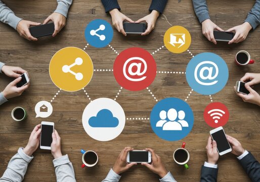People using smartphones with social media network icons