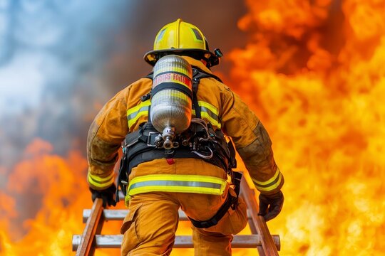 Firefighter Ascending Ladder Towards Intense Blaze