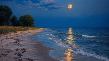 Full Moon Over a Calm Coastal Scene at Night