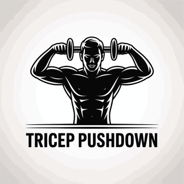 Black and White Vector Illustration of a Muscular Man Performing a Tricep Pushdown Exercise with Dumbbells Overhead Strong Bodybuilder Fitness Workout Graphic Design