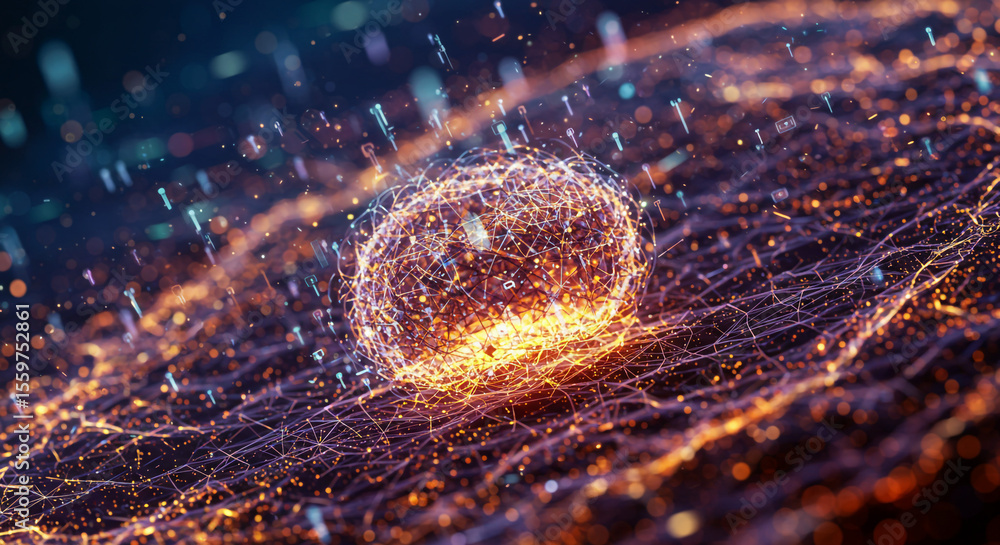 Poster a glowing orb connected by lines and floating particles on a dark patterned background in a digital 
