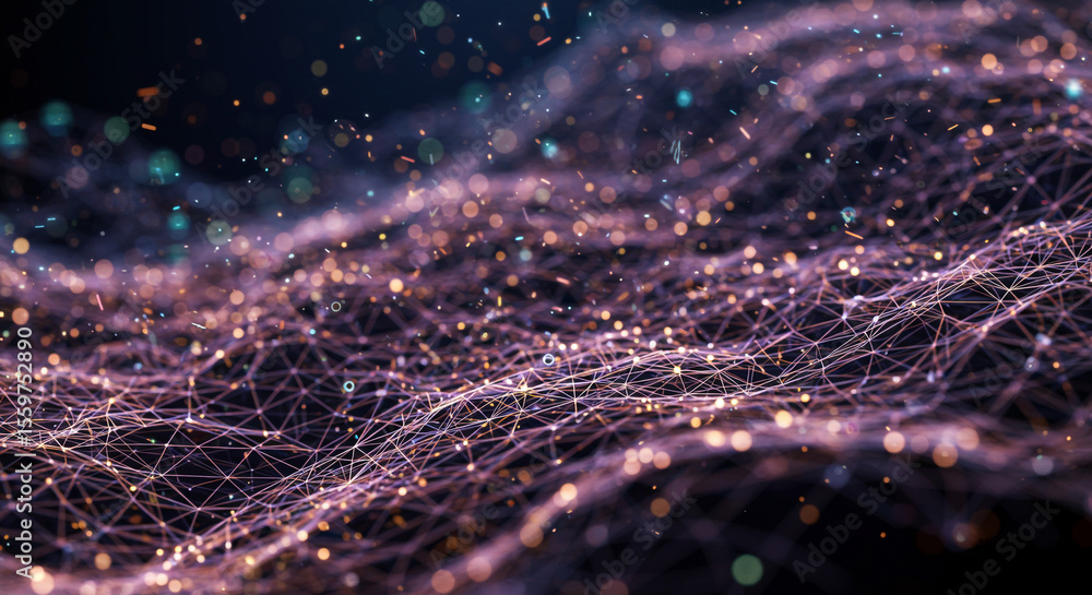 Poster abstract network of interconnected lines with glowing particles and bokeh effect on dark background