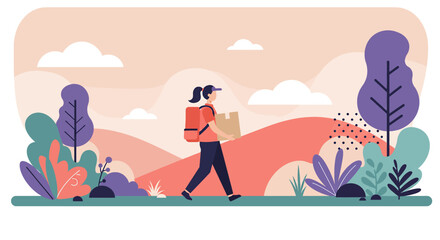 A young delivery man in a blue jacket and red cap carries a large red box while speaking on his phone, set against a light blue background with abstract shapes.