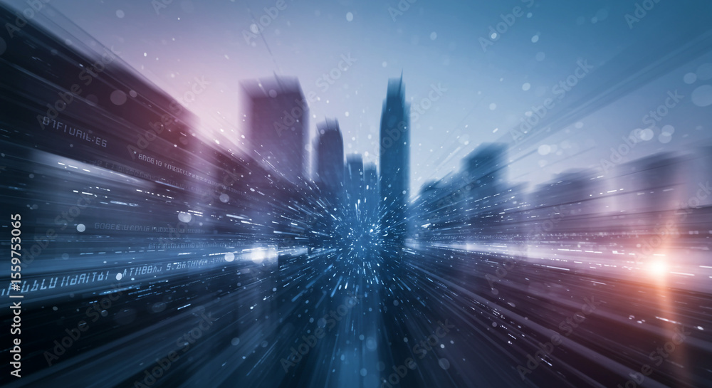 Poster abstract futuristic cityscape with digital data streams and blurred motion effect in blue tones