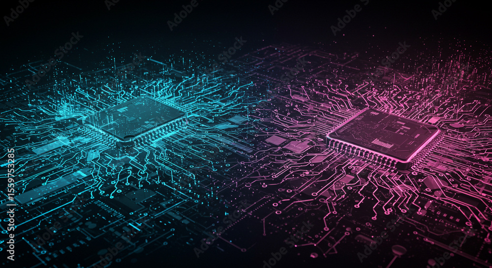Poster two illuminated computer chips connected by glowing circuits in blue and pink light on dark backgrou