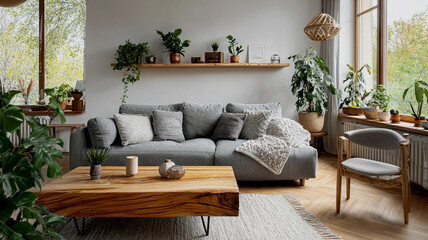 Modern living room interior design featuring grey sofa wooden table and lush green plants