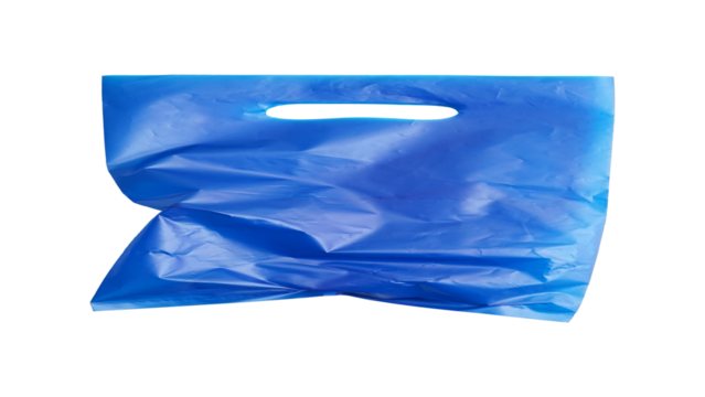 Folded blank blue plastic bag with a handle hole isolated on transparent background