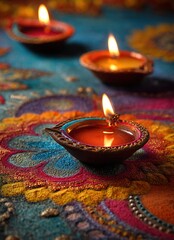 Happy Diwali, Diya oil lamps on colorful rangoli with copy space. High quality