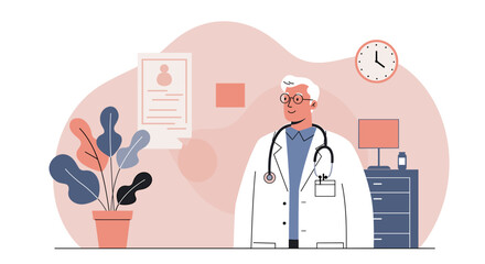 A young delivery man in a blue jacket and red cap carries a large red box while speaking on his phone, set against a light blue background with abstract shapes.