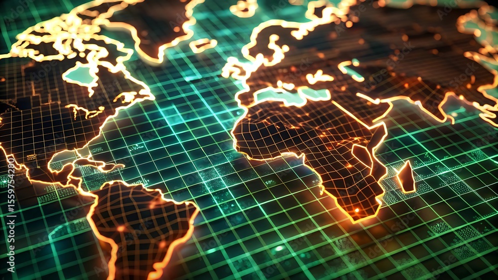Poster a glowing orange and green digital world map is displayed on a grid network, representing global con