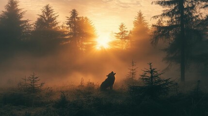 Sunrise Howl in Misty Forest