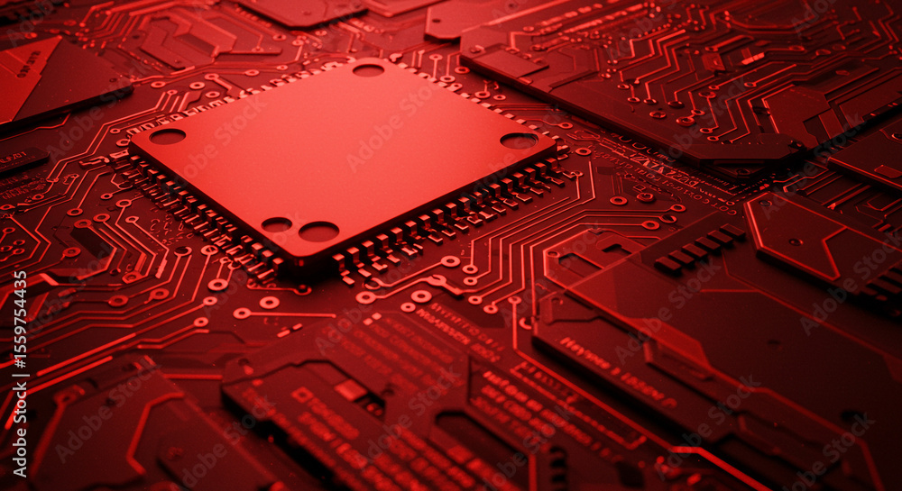 Poster Close up view of a red circuit board with a central chip and intricate circuit patterns visible