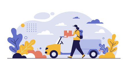 A young delivery man in a blue jacket and red cap carries a large red box while speaking on his phone, set against a light blue background with abstract shapes.