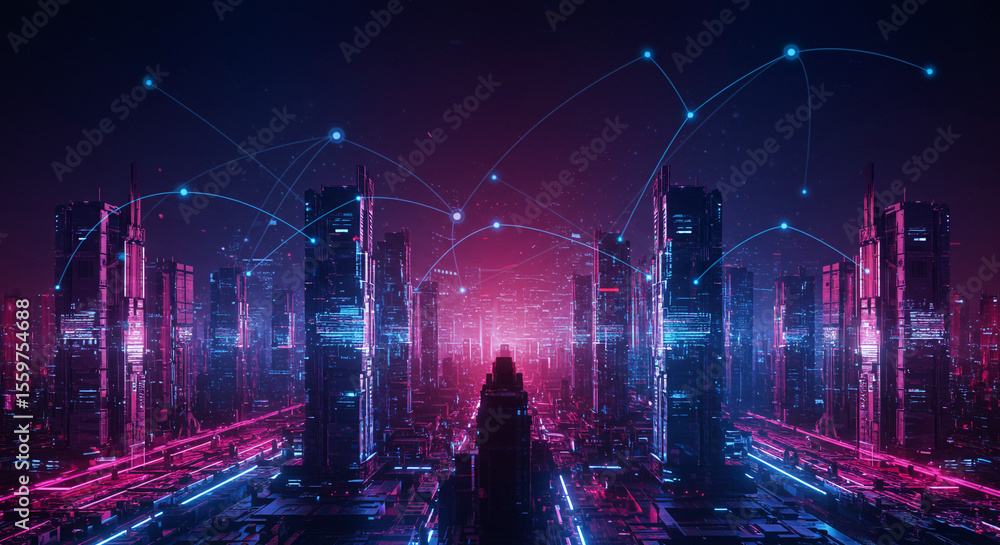 Poster futuristic cityscape with glowing networks and neon lights in a cyberpunk style rendering scene