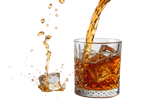 Amber liquid splashing in a crystal glass on bar PNG Image