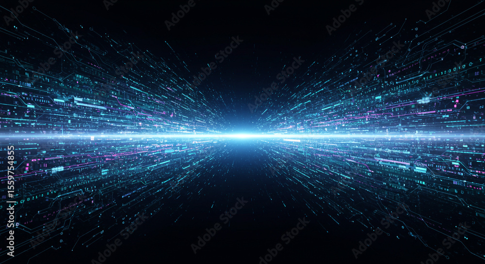 Poster abstract digital landscape with blue light horizon and intricate network of data streams in dark spa