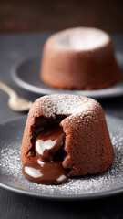 Molten chocolate lava cake with flowing melted chocolate and powdered sugar on dark plate