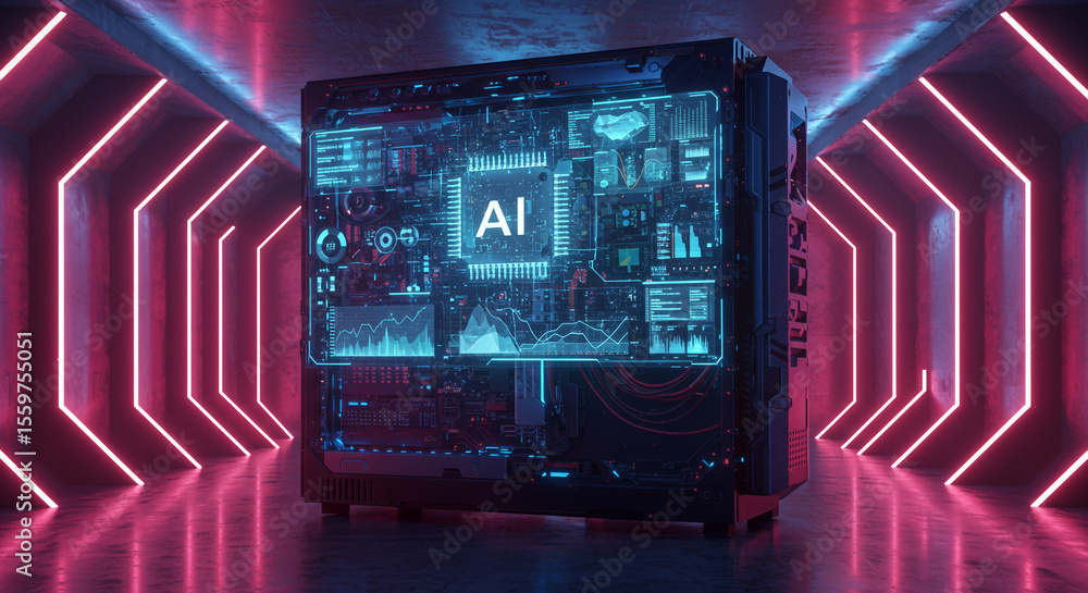 Poster Computer with ai interface in a futuristic neon lit corridor showing data visualization