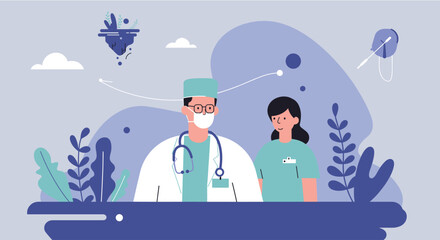 A male doctor and a female nurse stand together, representing healthcare professionals, with medical icons and soft background elements suggesting a calm and supportive medical environment.