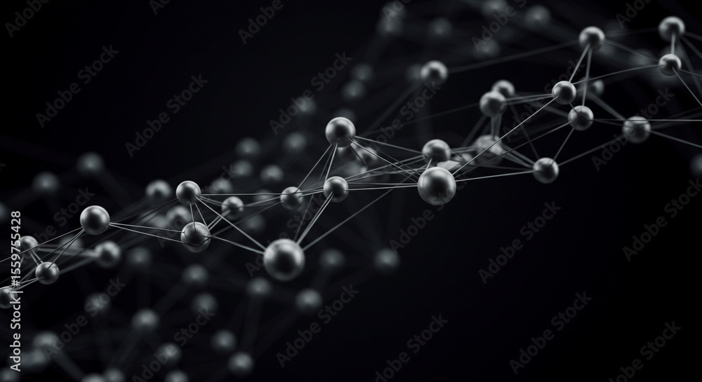 Poster abstract network structure with interconnected spheres and lines on a dark background in a complex d