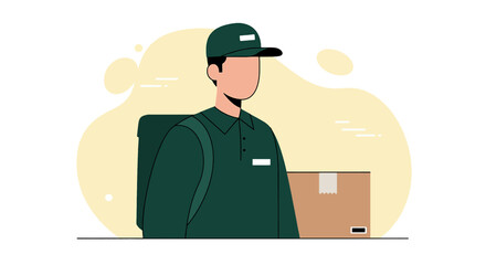 a delivery person wearing a green uniform and cap, standing next to a brown package with a white label. Suitable for landing page, banner, marketing, web design, presentation, infographic, etc.