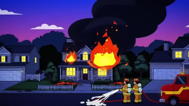 A house in a quiet neighborhood is consumed by flames, with smoke rising 2d animation 