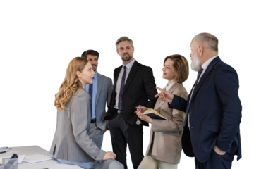 Business team discussing together business plans on a transparent background