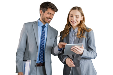 Two business people discussing work together using a tablet on a transparent background