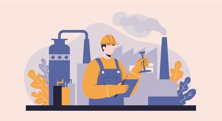 A male industrial worker wearing a safety helmet and mask checks a sample in a factory setting, reviewing his notes on a tablet, with industrial equipment and pollution in the background.