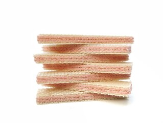 Pile of strawberry wafer isolated on white background 
