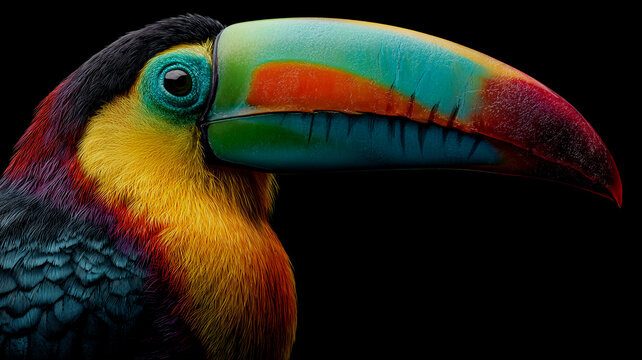 Stunning close up view of a colorful ramphastos tucana bird against a black background