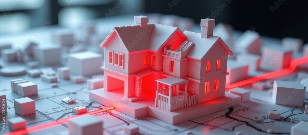 Poster inheritance taxes concept. 3d model of a house on a digital map with glowing highlights.