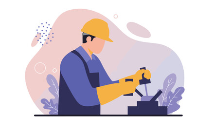 A male technician wearing a yellow hard hat and gloves is meticulously operating a machine, showcasing precision and expertise in a modern industrial setting.