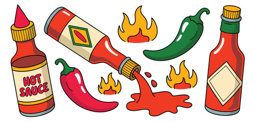 Hot Sauce Bottles and Peppers Cartoon Illustration