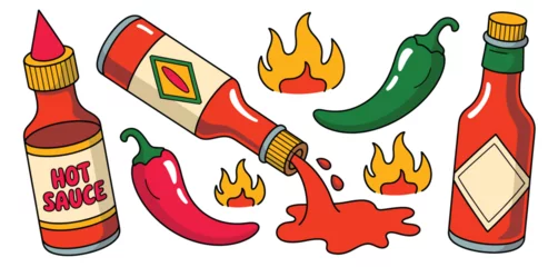 Rolgordijnen zonder boren Hot Sauce Bottles and Peppers Cartoon Illustration ©  Creative Stock Bd