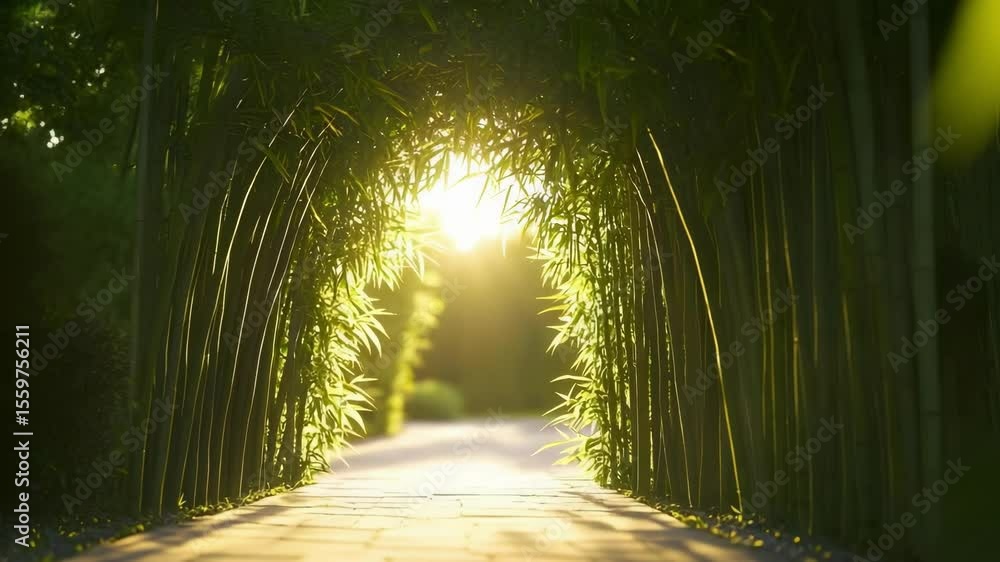 Aufkleber a serene path through a bamboo archway, illuminated by sunlight, creating a tranquil atmosphere in n