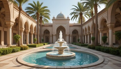"A scenic Islamic garden with traditional arches, water fountain, palm trees, and mosaic patterns — notext, no people, soft warm sunlight, 8K, AI-generated, adobe stock safe