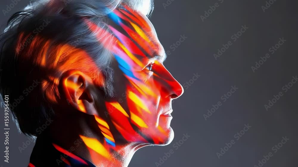Poster a side profile of a person with vibrant, colorful light projections creating dynamic patterns on the
