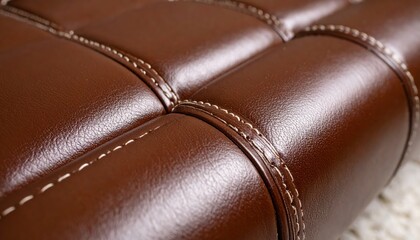 Close-up of a luxurious brown leather cushion showcasing detailed stitching and texture