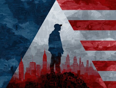 Modern Independence Day Poster: Abstract Flag Stripe Background, Iconic Skyline Silhouettes, Military Triangle with Dog Tags/Cap/Tattoos Vector Design