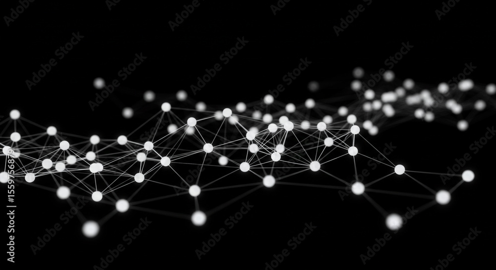Poster abstract network of connected white spheres on a black background with depth of field effect