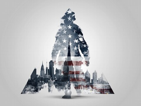 Modern Independence Day Poster: Abstract Flag Stripe Background, Iconic Skyline Silhouettes, Military Triangle with Dog Tags/Cap/Tattoos Vector Design