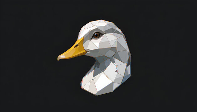 Polyscape duck head with a bright yellow beak rendered on a black background in a polygonal graphic design.