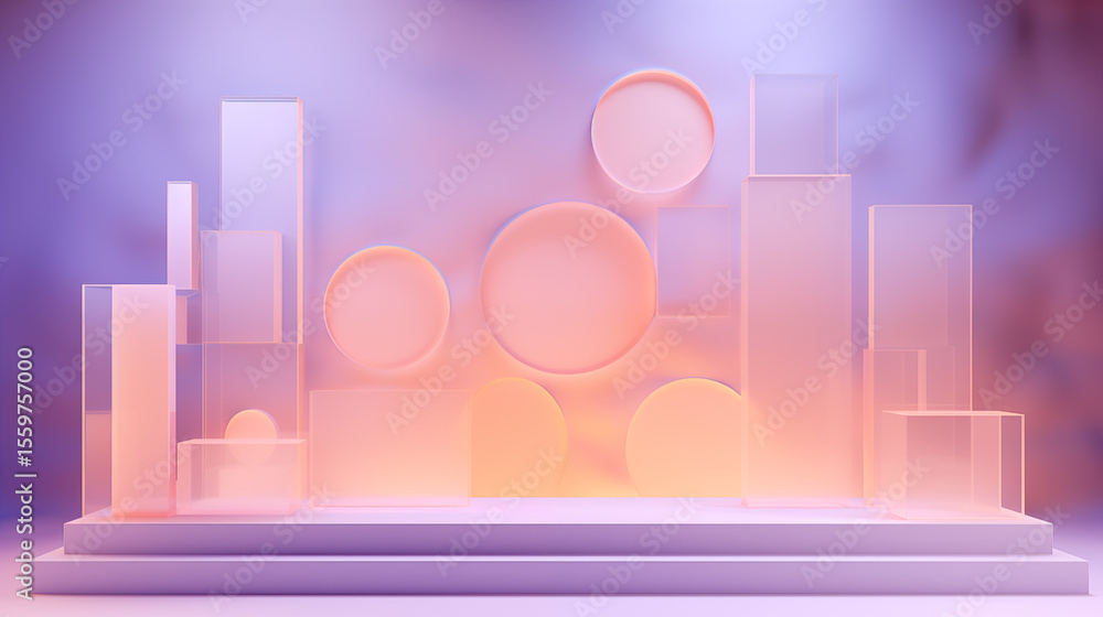 Poster geometric arrangement of circles and rectangles on a tiered platform stage