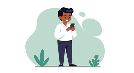 a man standing outdoors, engrossed in his smartphone. Suitable for landing page, banner, marketing, web design, presentation, infographic, etc.