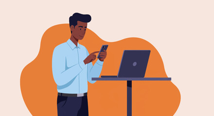 a man in a blue shirt standing at a desk, focused on his phone, with a laptop open in front of him. Suitable for landing page, banner, marketing, web design, presentation, infographic, etc.