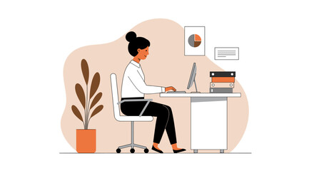 a woman sitting at a desk, working on a computer with a plant to her left and a plant pot to her right. Suitable for landing page, banner, marketing, web design, presentation, infographic, etc.