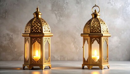Obraz premium Elegant golden lanterns casting warm light against a textured backdrop, creating a cozy atmosphere