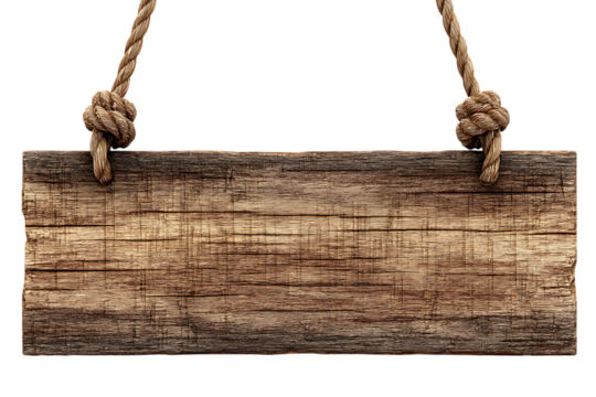 Rustic wooden plank sign hanging by thick rope with knots isolated on transparent background