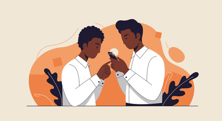 Two individuals are depicted in a close-up, focused on their smartphones. Suitable for landing page, banner, marketing, web design, presentation, infographic, etc.